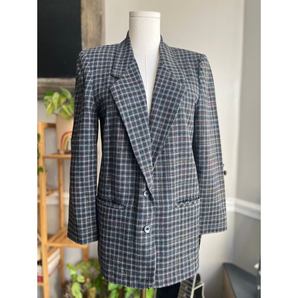 Vintage 90s Gray Rainbow Plaid Wool Blend Blazer Size Small